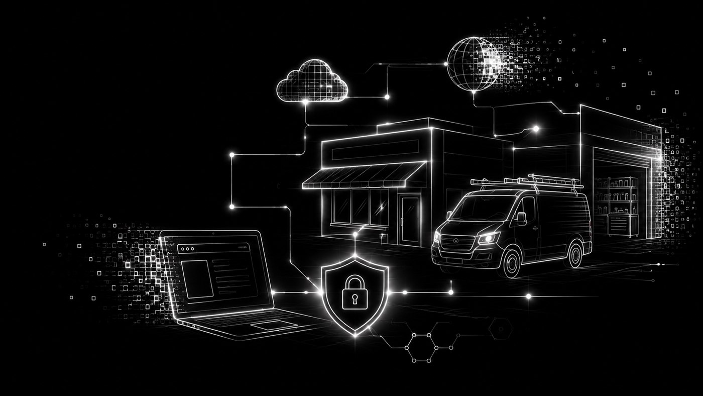 Dark small-business systems illustration representing website operations and ownership review